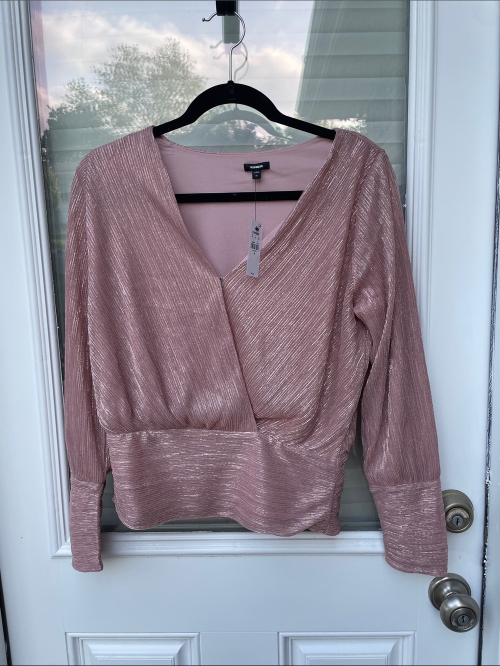 Express Metallic Rose Pleated Wrap-Front Long Sleeve Top